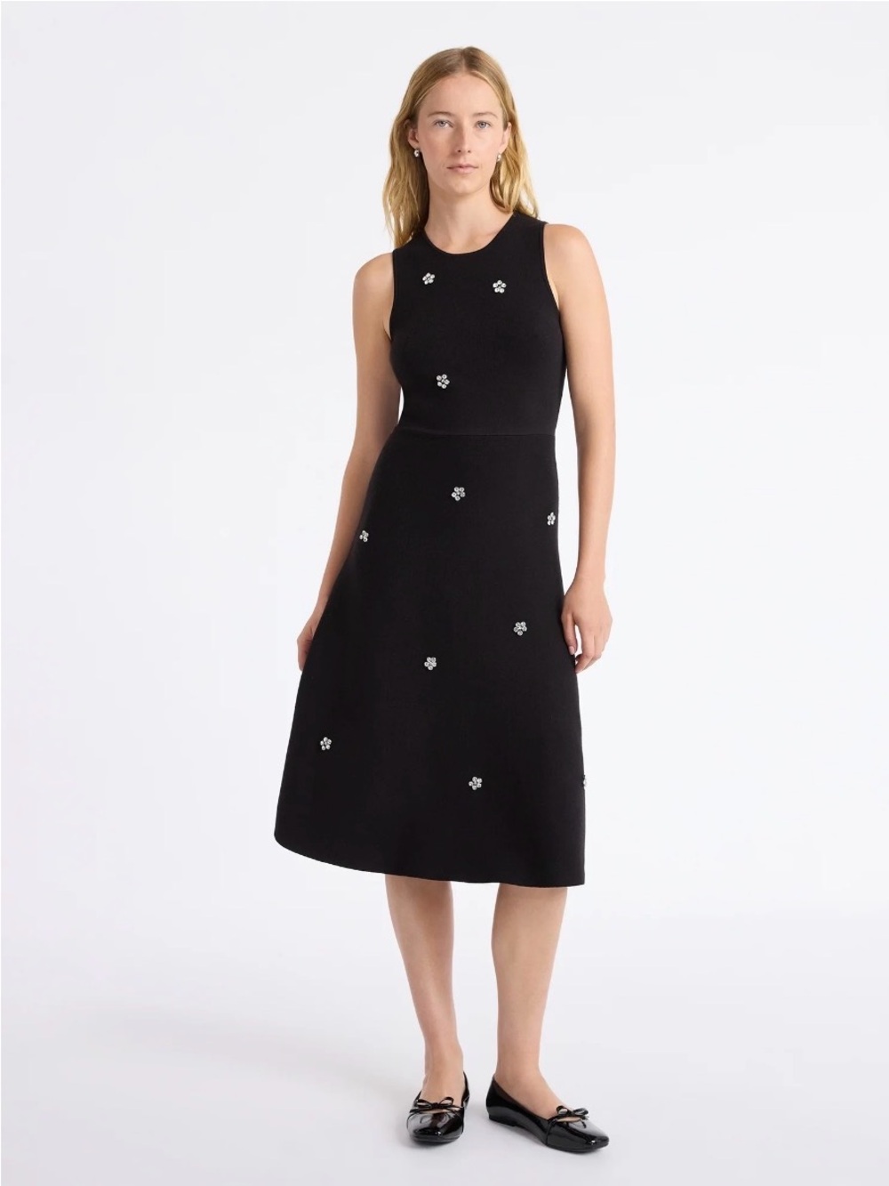 Sleeveless Black Midi Dress with Floral Embellishments